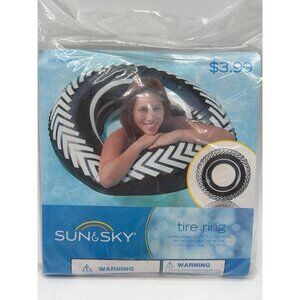 Sun & Sky Inflatable Tire Ring Pool Float 35 Inches Black & White For Ages 6+